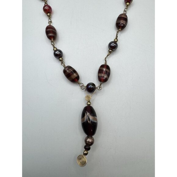 Murano Style Ruby Red Gold Foil Glass Beaded Necklace Venetian Lampwork Pretty - Picture 7 of 8